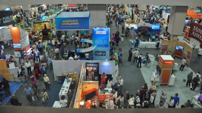 Overlooking exhibit hall A (hall B is not visible from the overhead walkways)