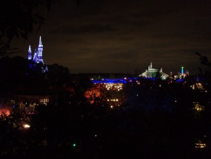 Cinderella's Castle and some of Tomorrowland seen from the top of the Swiss Family Robinson treehouse