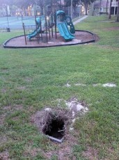 Quite unnerved to find this large hole exposing irrigation pipes so close to a play area