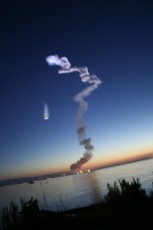 STS-131 Space Shuttle Discovery post-launch smoke drifts