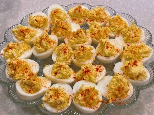 Deviled eggs redux—mixed in a little salt as I should have done the first time, and had access to smoked paprika; YUMMO