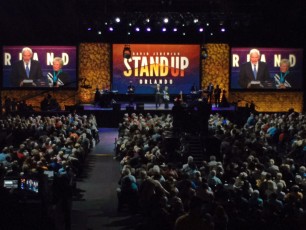 Dr. David Jeremiah and his wife welcome the audience