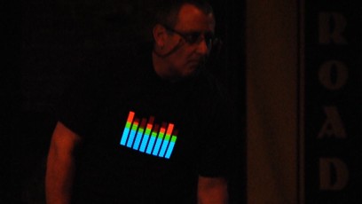 A shot of LeVitus' glowing shirt VU meters in action