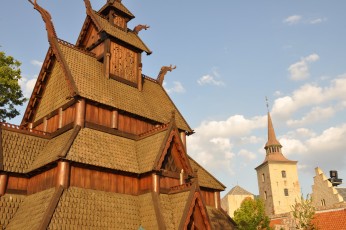 Stave Church replica bathed in afternoon sun